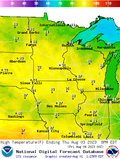 Forecast high temperatures Thursday