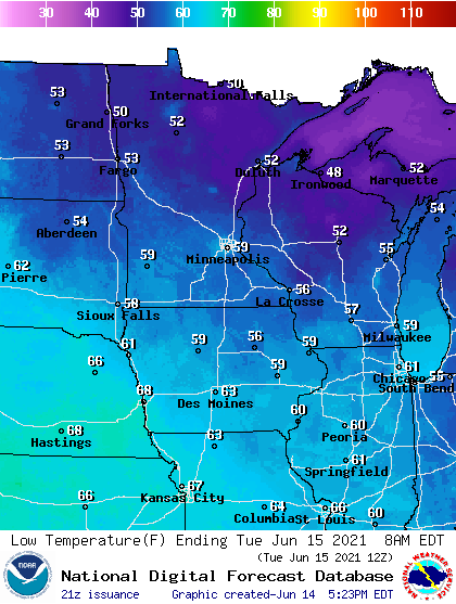 Forecast low temperatures Tuesday morning