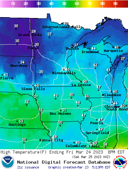 Forecast high temperatures Friday