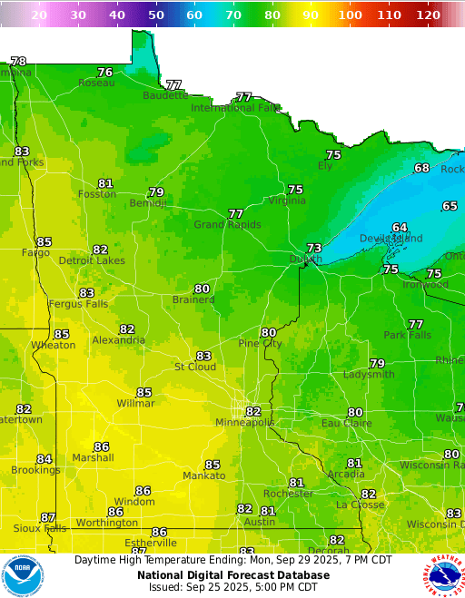 Forecast high temperatures Monday