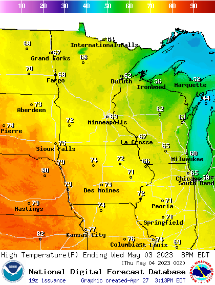 Forecast high temperatures Wednesday
