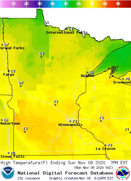 Forecast high temperatures Sunday