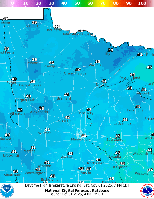 Forecast high temperatures Saturday