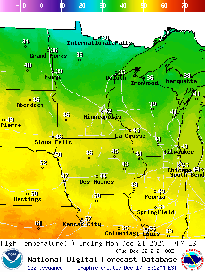 Forecast high temperatures Monday