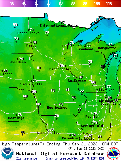 Forecast high temperatures Thursday