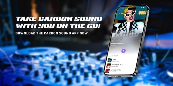 Carbon Sound's app shows Cardi B on a cell phone screen as artwork for her song Bodak Yellow. The cell phone appears in the foreground; in the background is an image of a stage sound setup.