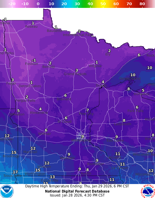 Forecast high temperatures Thursday