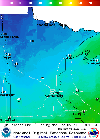 Teens, 20s Monday; temps drop Monday night; snow north Tuesday