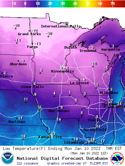 Forecast minimum temps Monday