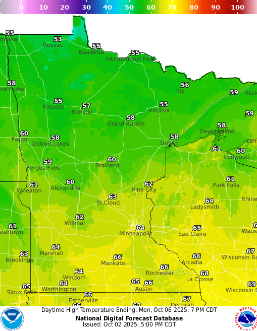 Forecast high temperatures Monday