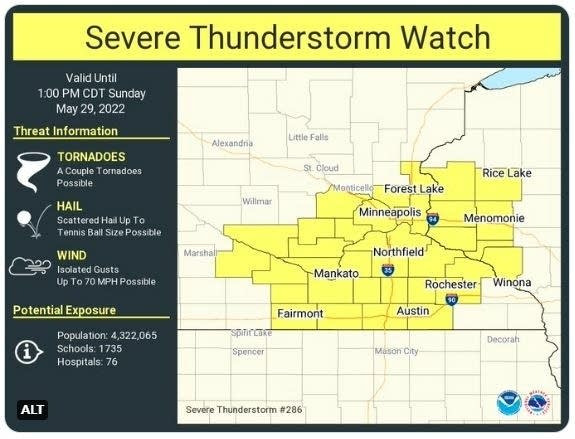 Severe thunderstorm watch until 1 p.m. Sunday includes Twin Cities, S Minnesota, west-central Wis.