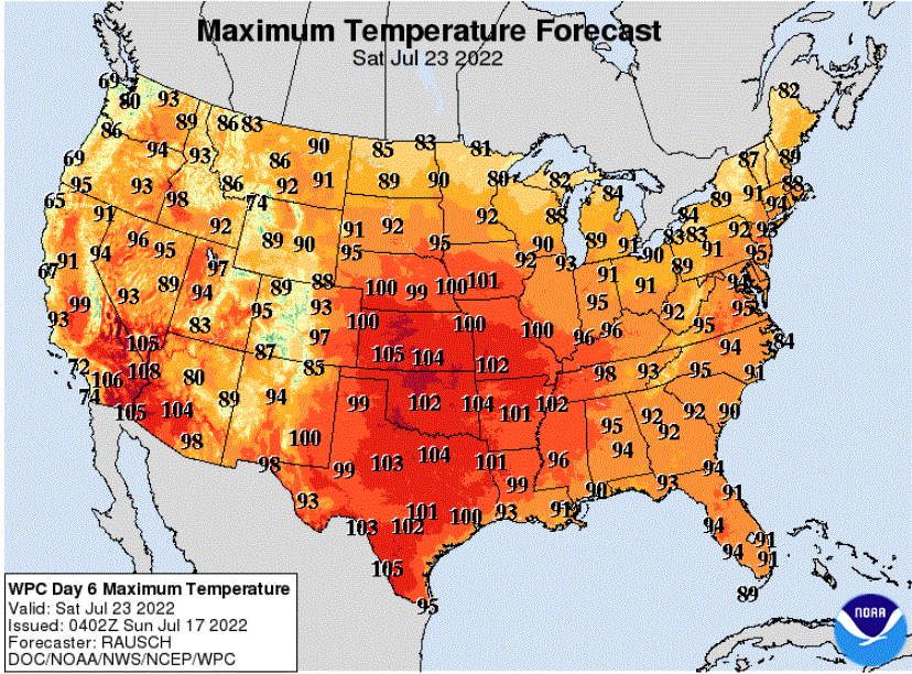 Forecast high temperatures for Saturday