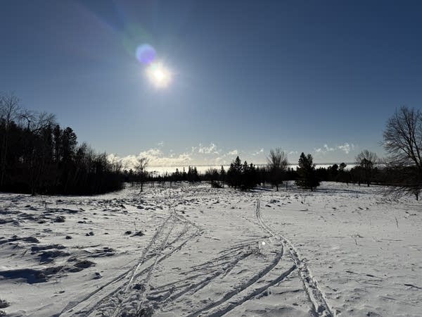 A closed golf course covered in snow, with ski tracks.