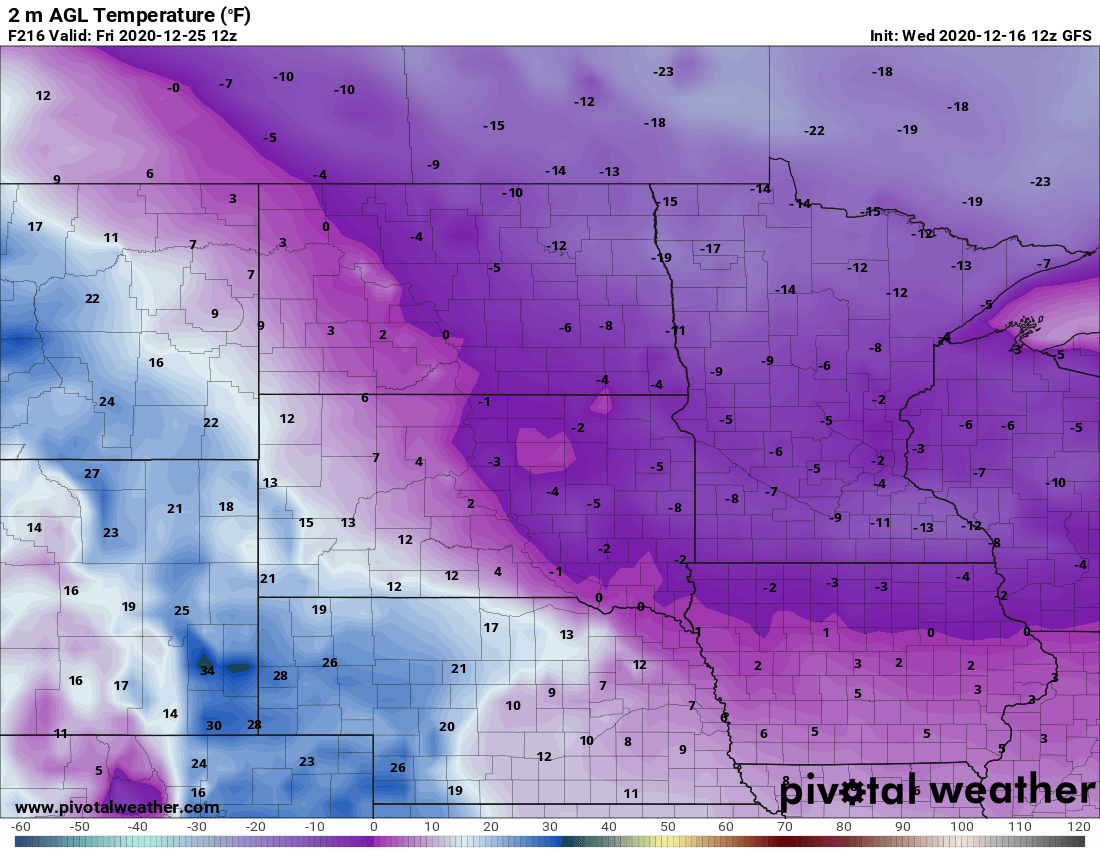 NOAA GFS temperature outlook for 6 am Friday, December 25