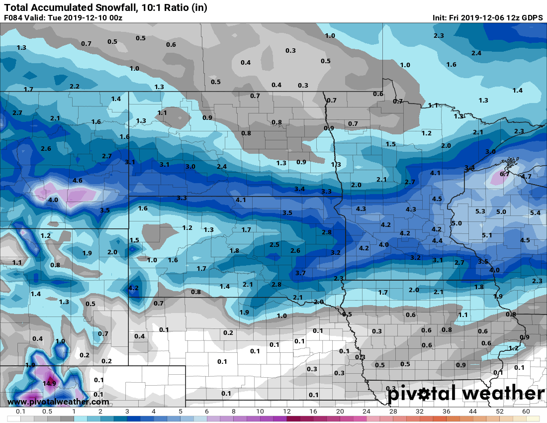 Canadian model snowfall potential through Monday