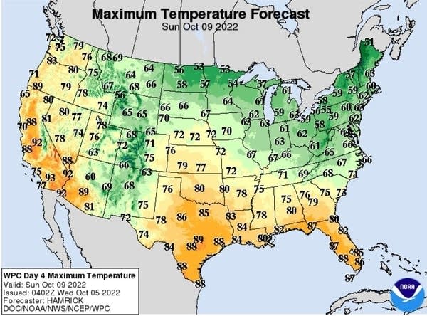 Forecast high temperatures Sunday