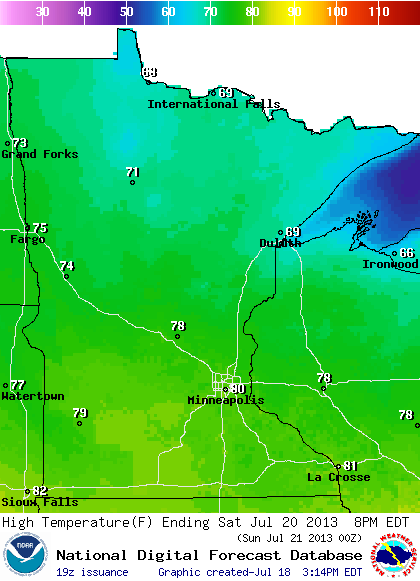 NWS Saturday maximum temperatures