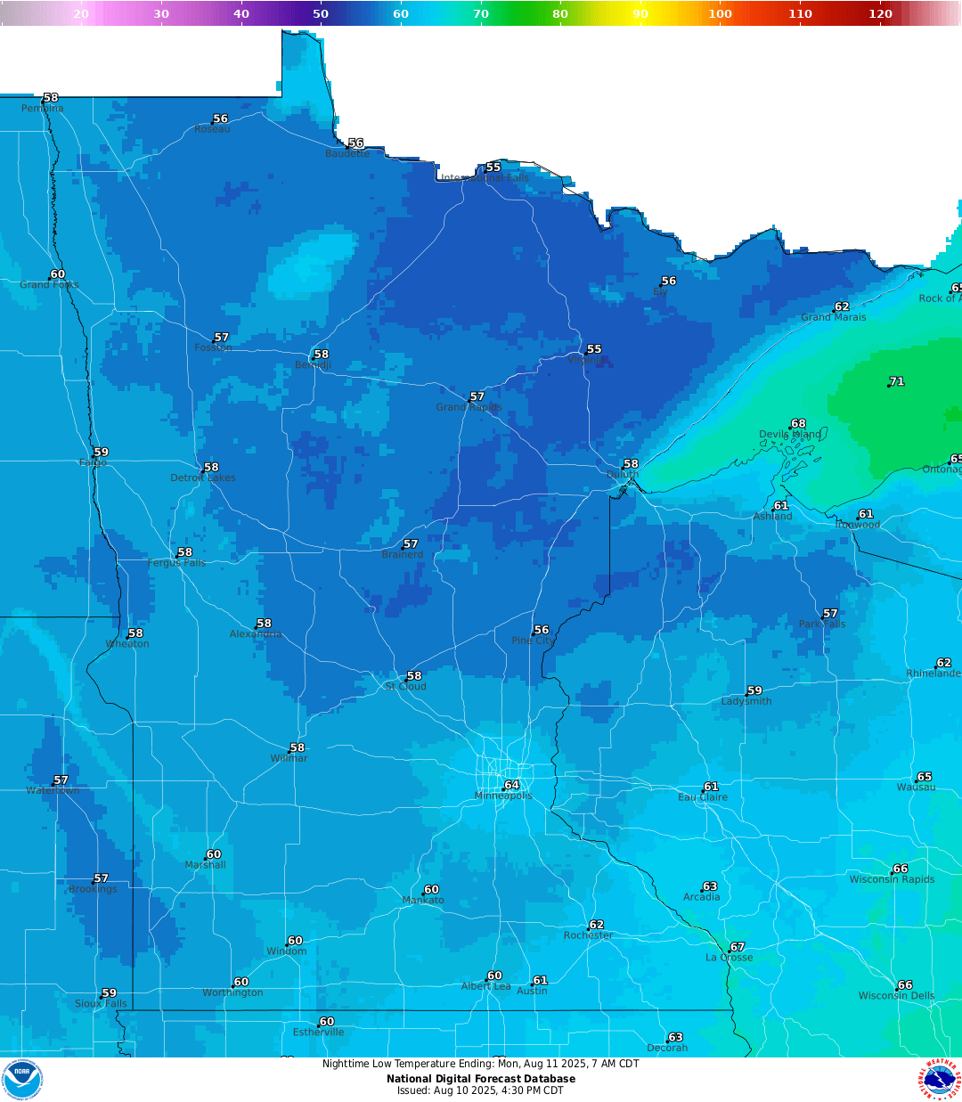 Lows for Sunday night
