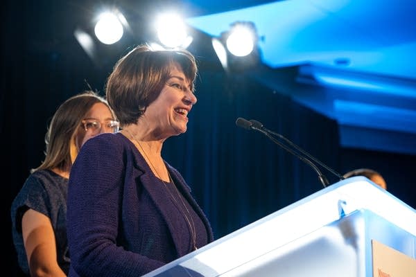 Sen. Amy Klobuchar speaks to the crowd at the DFL election night party.