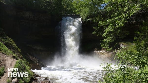 A waterfall surrounded by green trees. 