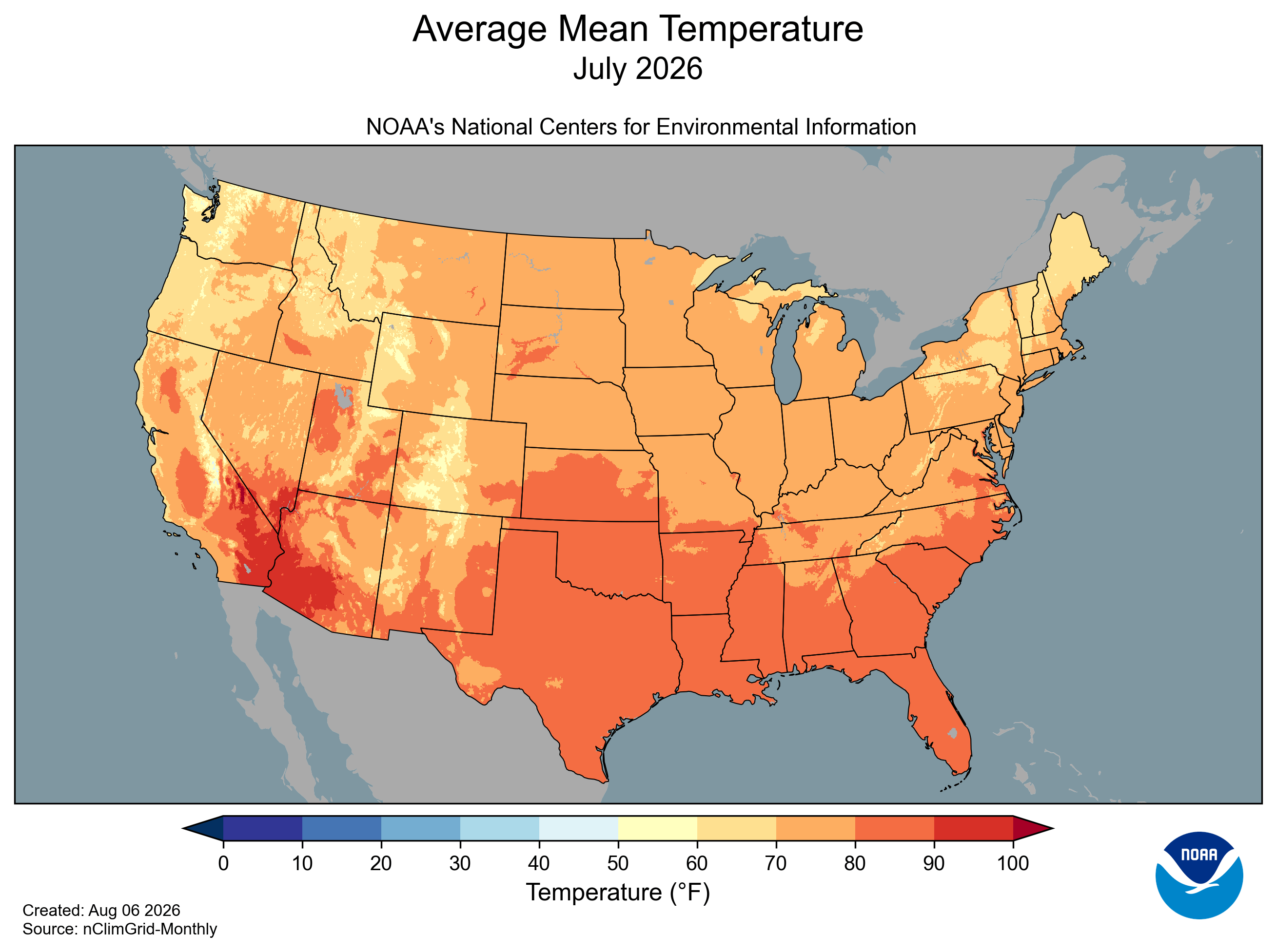 Average mean temperature for July 2026