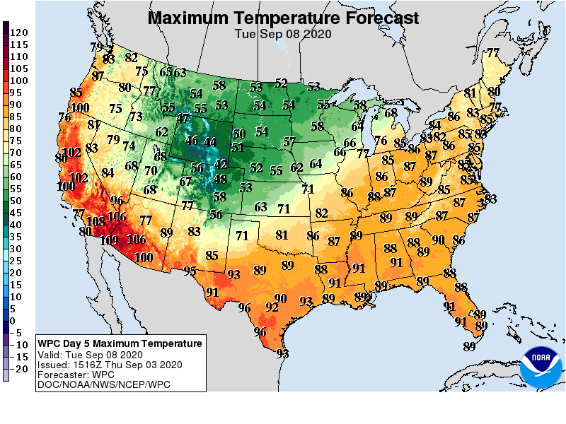 Forecast high temperatures Tuesday