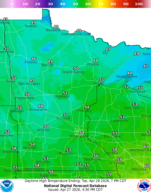 Forecast high temperatures Tuesday