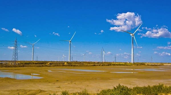 Wind turbines dot the landscape on the outskirts of Dongying, in central China's Shandong province.