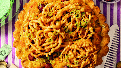 Corn Dog- Hotdish Pie with Savory Funnel-Cake Topping