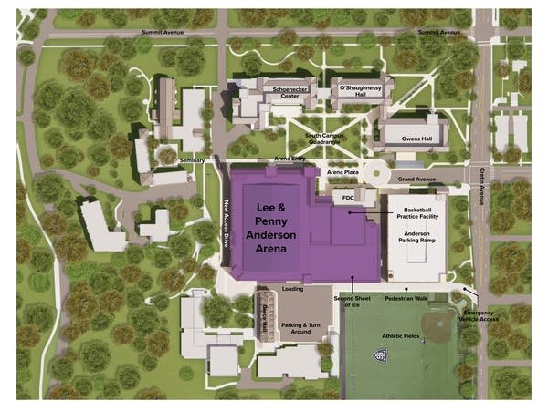 A map showing the location of a planned sports arena 