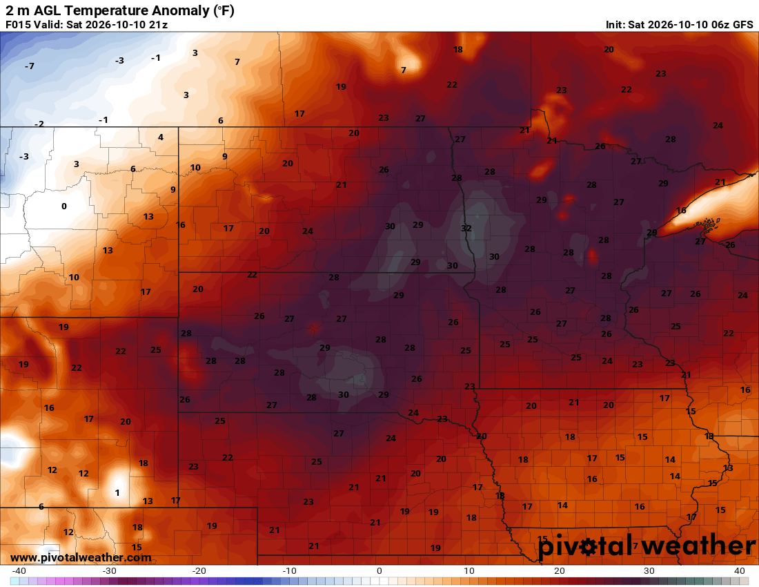 Forecast temperature anomalies Saturday afternoon