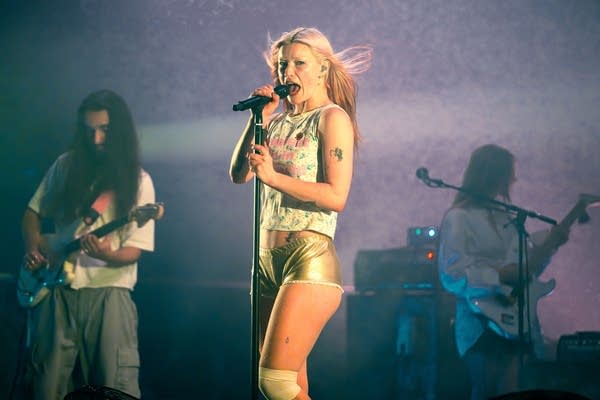 Josh Mobaraki, Rhian Teasdale and Hester Chambers of Wet Leg performing at First Avenue in Minneapolis on Tuesday, Sept. 9, 2025. 