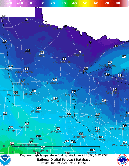Forecast high temperatures Wednesday