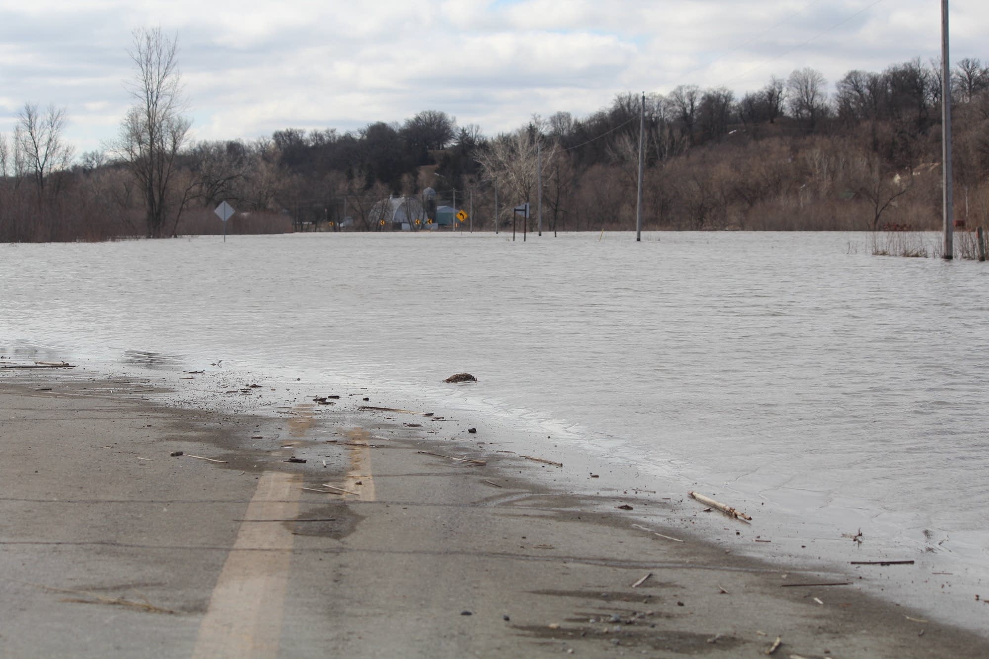 A road near Henderson, Minn., disappears into the floodwaters.
