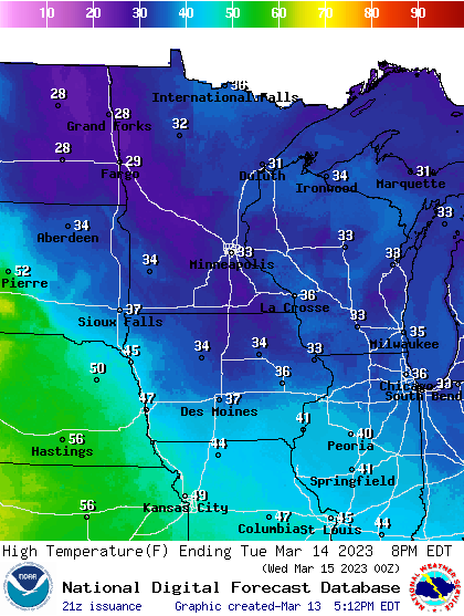 Forecast high temperatures Tuesday
