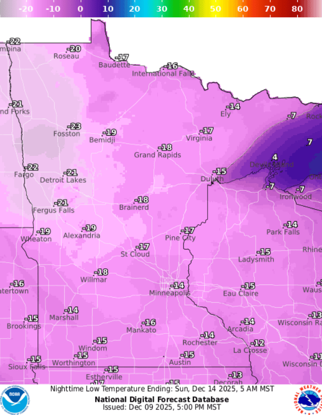 Forecast low temperatures Sunday