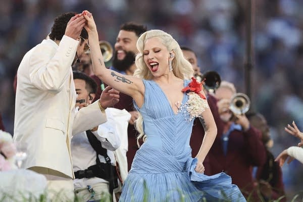 Lady Gaga and Bad Bunny perform during halftime of Super Bowl LX at Levi's Stadium between the New England Patriots and the Seattle Seahawks on February 08, 2026 in Santa Clara, California.