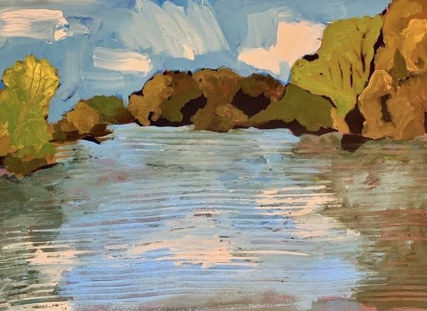 A painting of a body of water surrounded by rocky shores