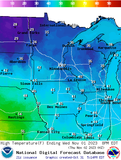 Forecast high temperatures Wednesday