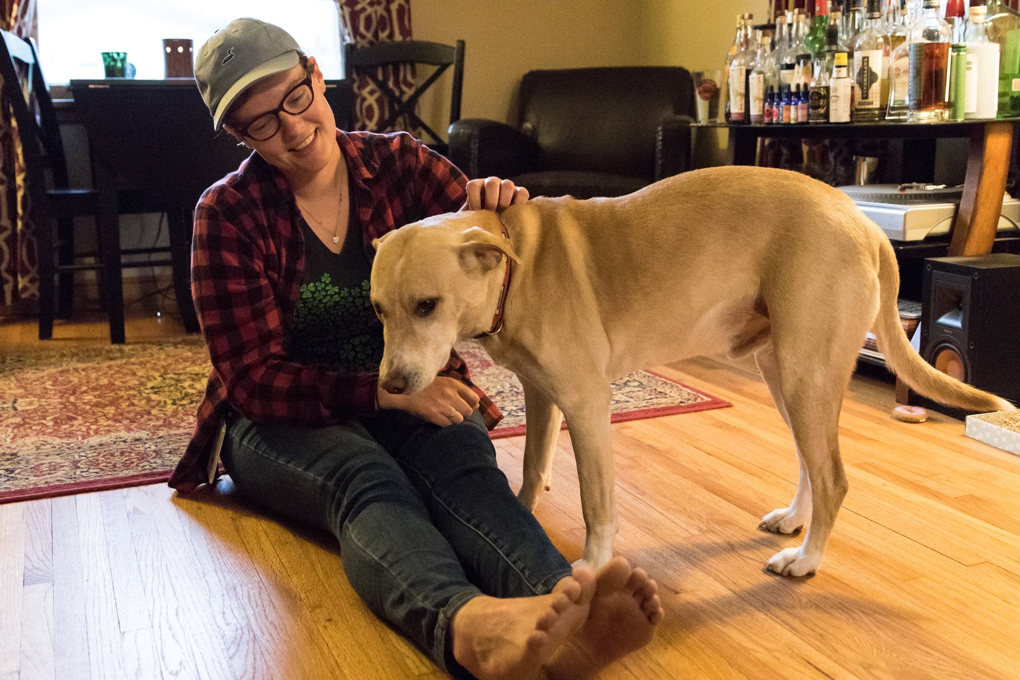 Colleen Detloff scratches Archie's head in his owner's the living room.