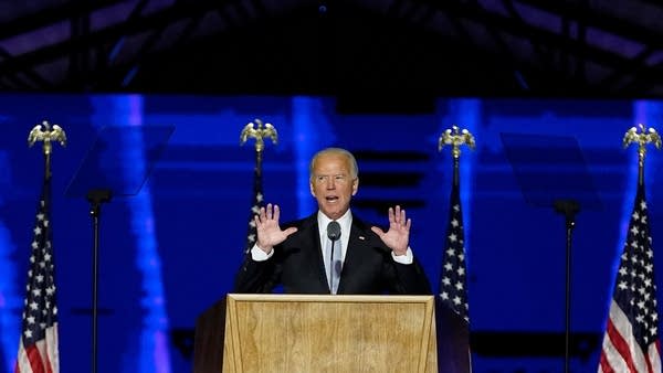 President-elect Joe Biden addresses the nation from the Chase Center Nov. 7, 2020 in Wilmington, Delaware.