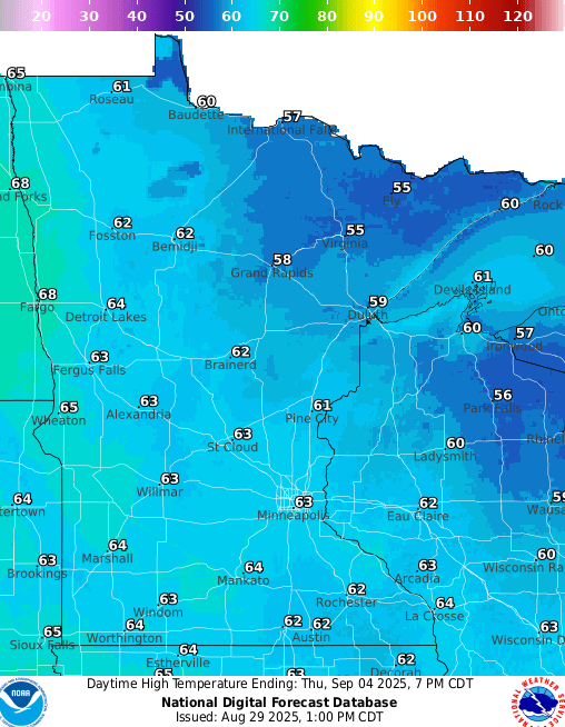 Forecast high temperatures Thursday