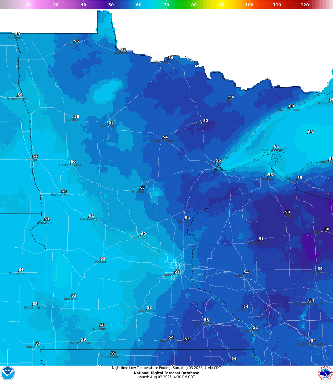 Lows for Saturday night