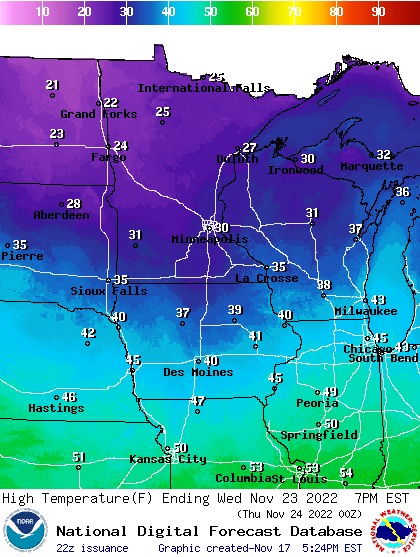 Forecast high temperatures Wednesday