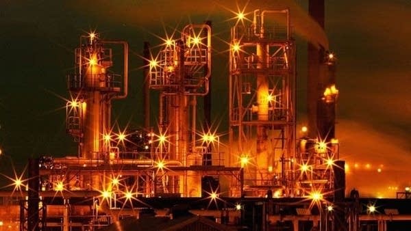 A BP oil refinery at night.