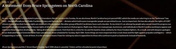 North Carolina law costs it a Springsteen concert