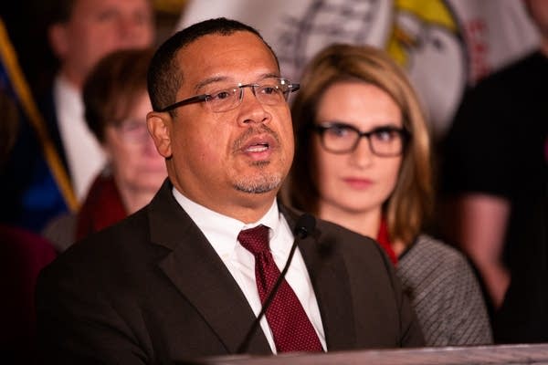 Keith Ellison speaks at a press conference in the State Capitol.