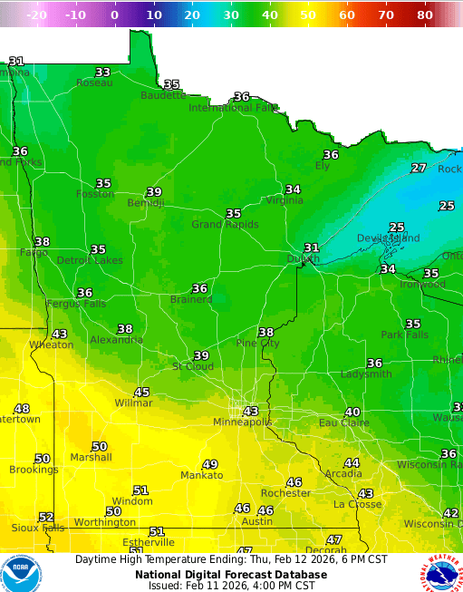 Forecast high temperatures Thursday