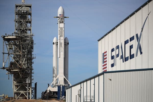 CAPE CANAVERAL, FL - FEBRUARY 05:  The SpaceX Falcon Heavy rocket sits on launch pad 39A at Kennedy Space Center as it is prepared for tomorrow's lift-off  on February 5, 2018 in Cape Canaveral, Florida. The rocket, which is the most powerful rocket in the world, is scheduled to make its maiden flight between 1:30 and 4:30 p.m. tomorrow.  