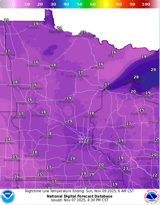 Forecast low temperatures Sunday